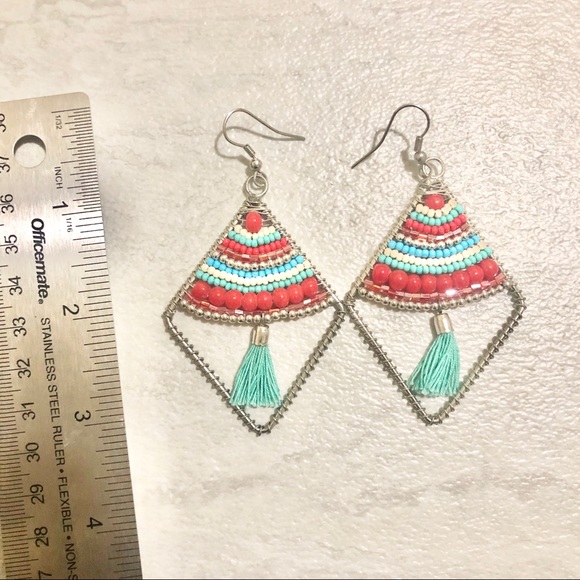 Silver Native Turquoise Beaded Boho Earrings - Picture 2 of 2